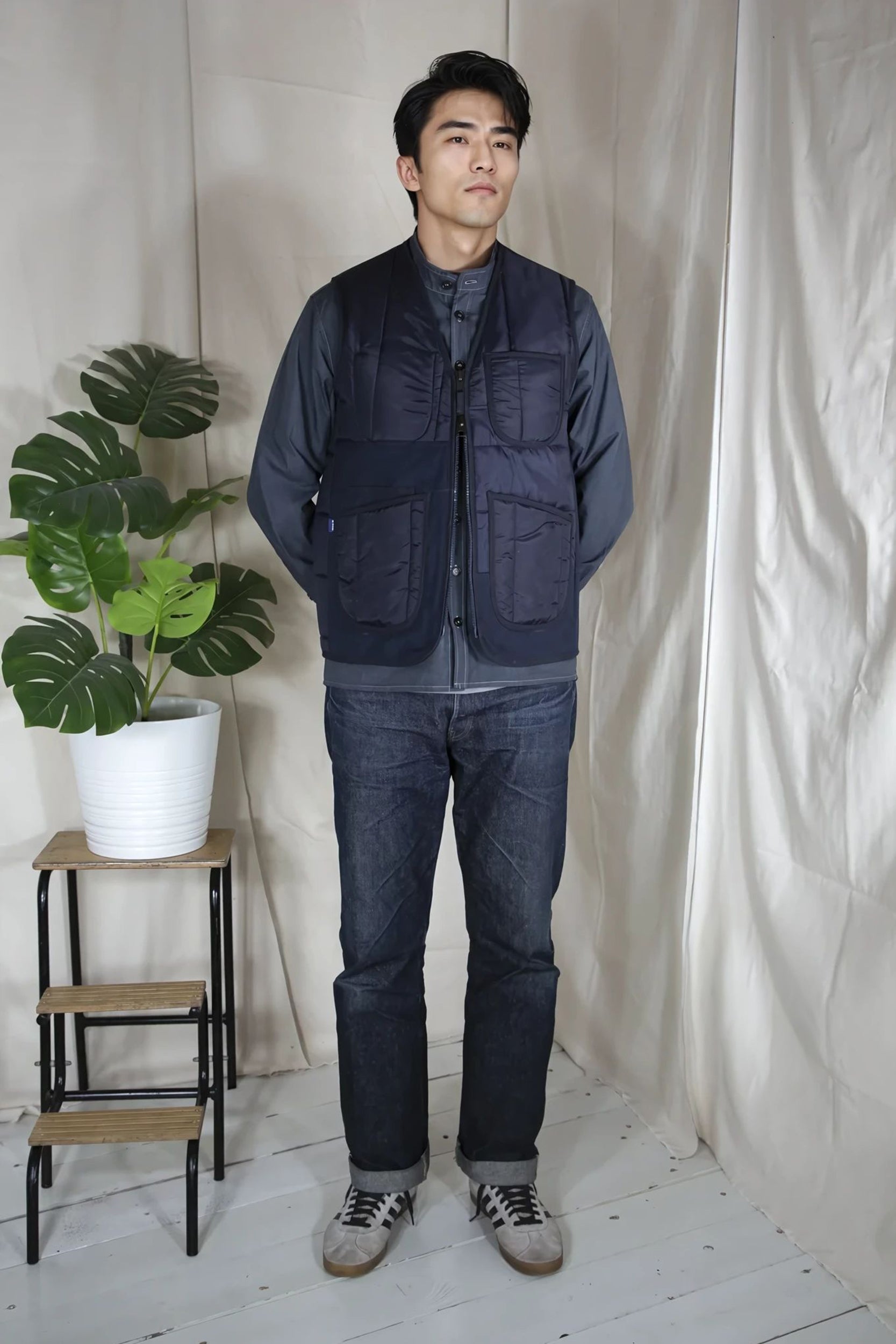 Aviator Cotton Canvas Panel V Vest Blue